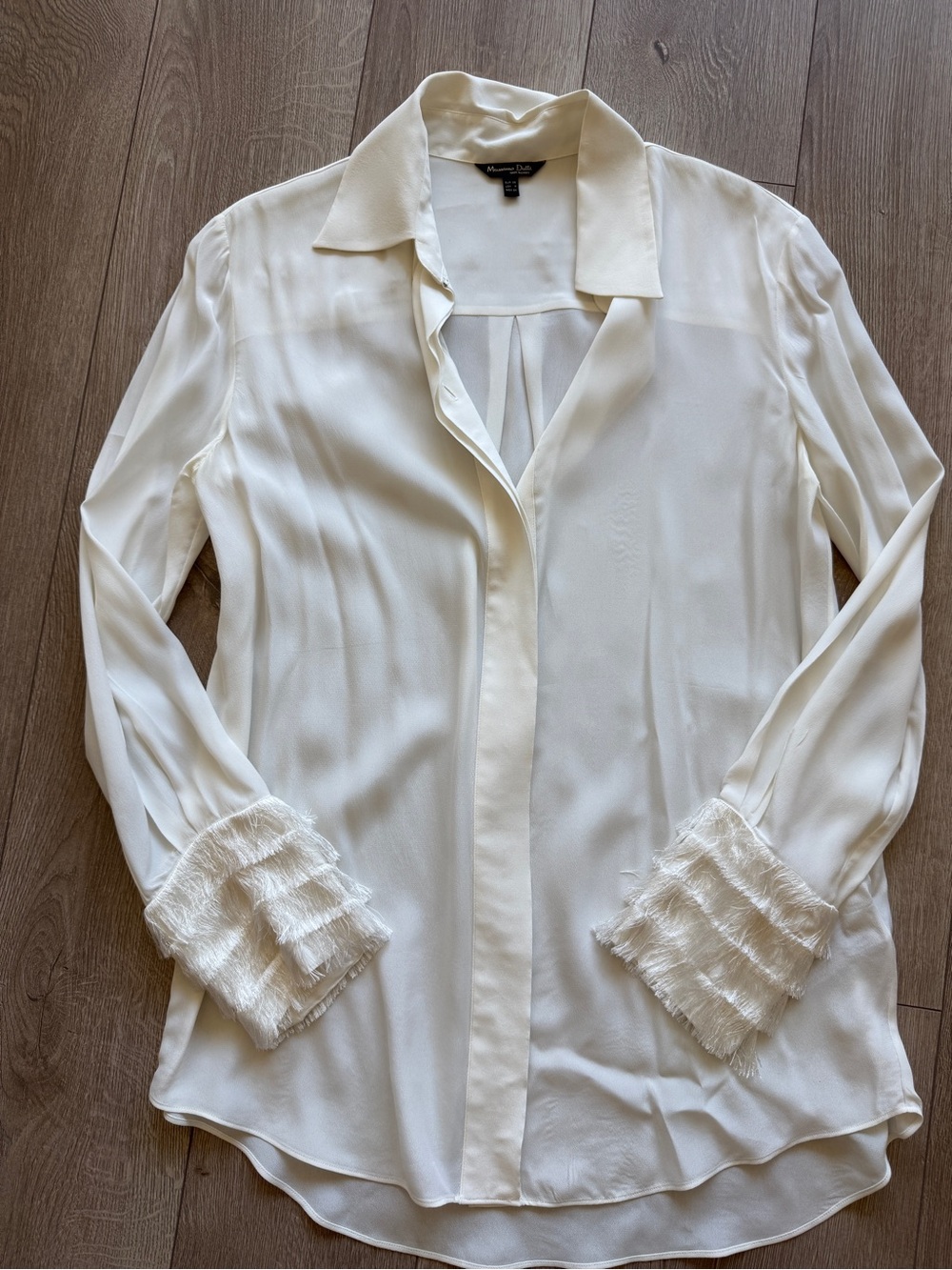 Massimo Dutti Ivory Long-Sleeve Button-Down Blouse with Fringe Cuffs